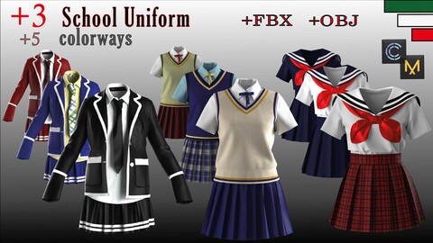 +3 School uniform Pack (+ CLO3D,Marvelouse designer files ZPRJ + OBJ + FBX )