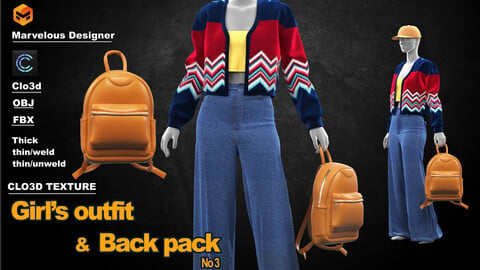 Girl's outfit with Backpack / marvelous designer / clo3d / OBJ / FBX