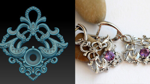 Printable jewelry 3D model. Dangle earrings with openwork pattern in fantasy style