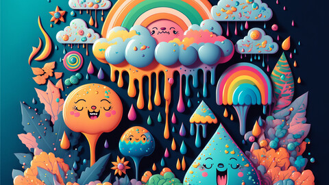 8k+ Digital Print Download of Psychedelic Paint Drip Rainbow Rain Clouds 1.1 - Psychedelia Dripping Paint Rainy Landscape - Artwork / Illustration / Reference Art