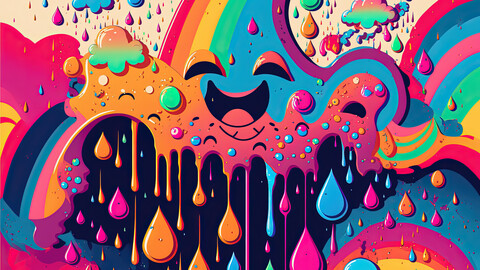 8k+ Digital Print Download of Psychedelic Paint Drip Rainbow Rain Clouds 1.3 - Psychedelia Dripping Paint Rainy Landscape - Artwork / Illustration / Reference Art