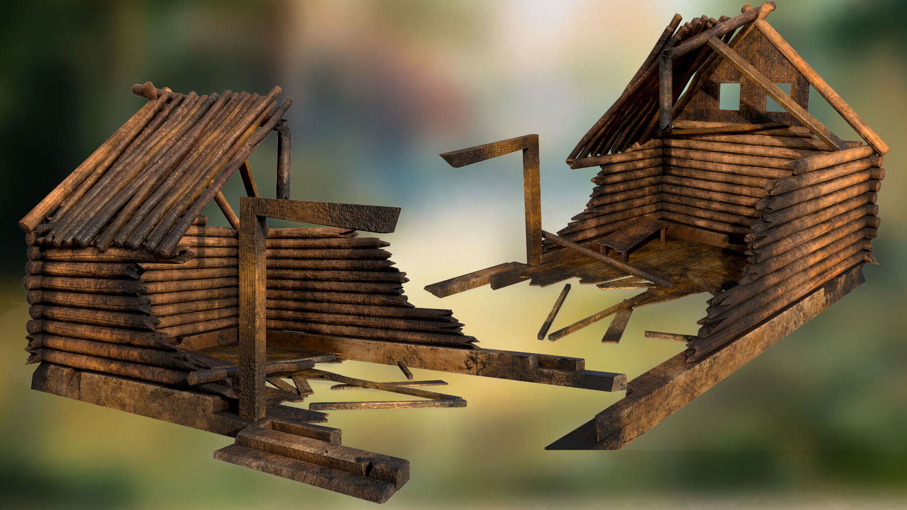 Ruined burned down wooden house PBR low-poly 3D model Low-poly 3D model