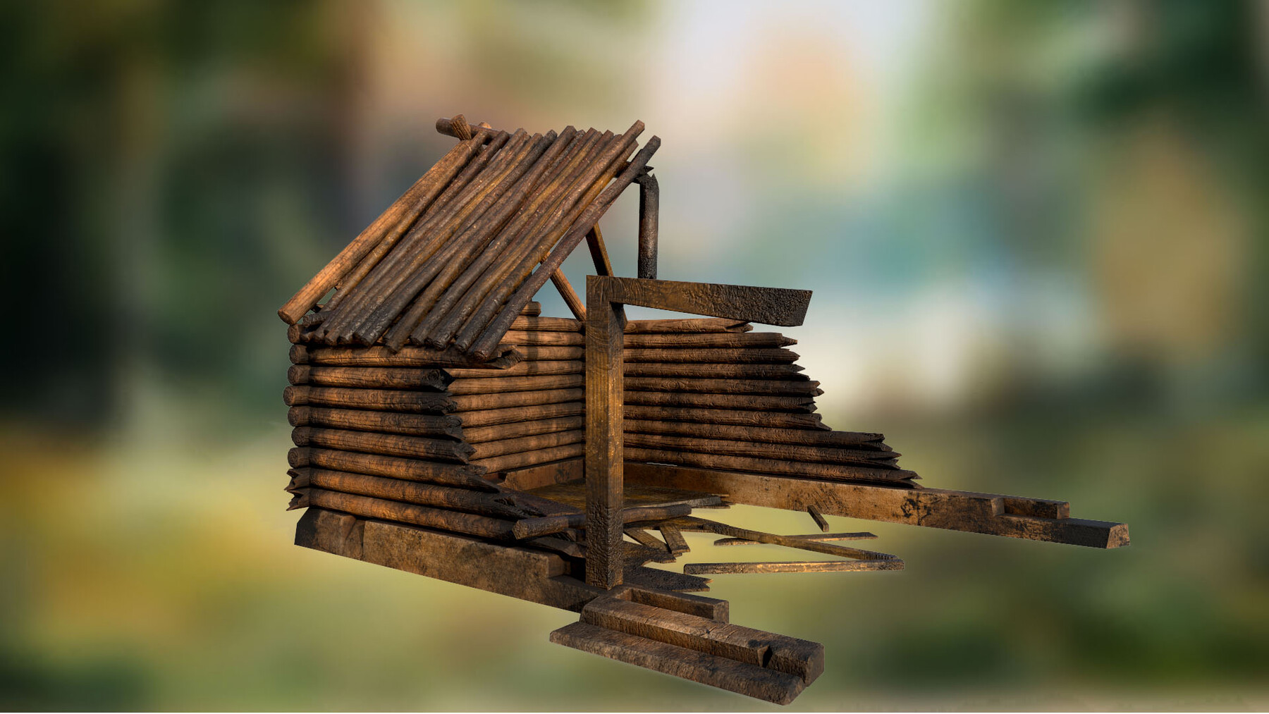 Ruined burned down wooden house PBR low-poly 3D model Low-poly 3D model