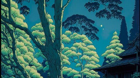 Japanese night forest woodblock print digital art