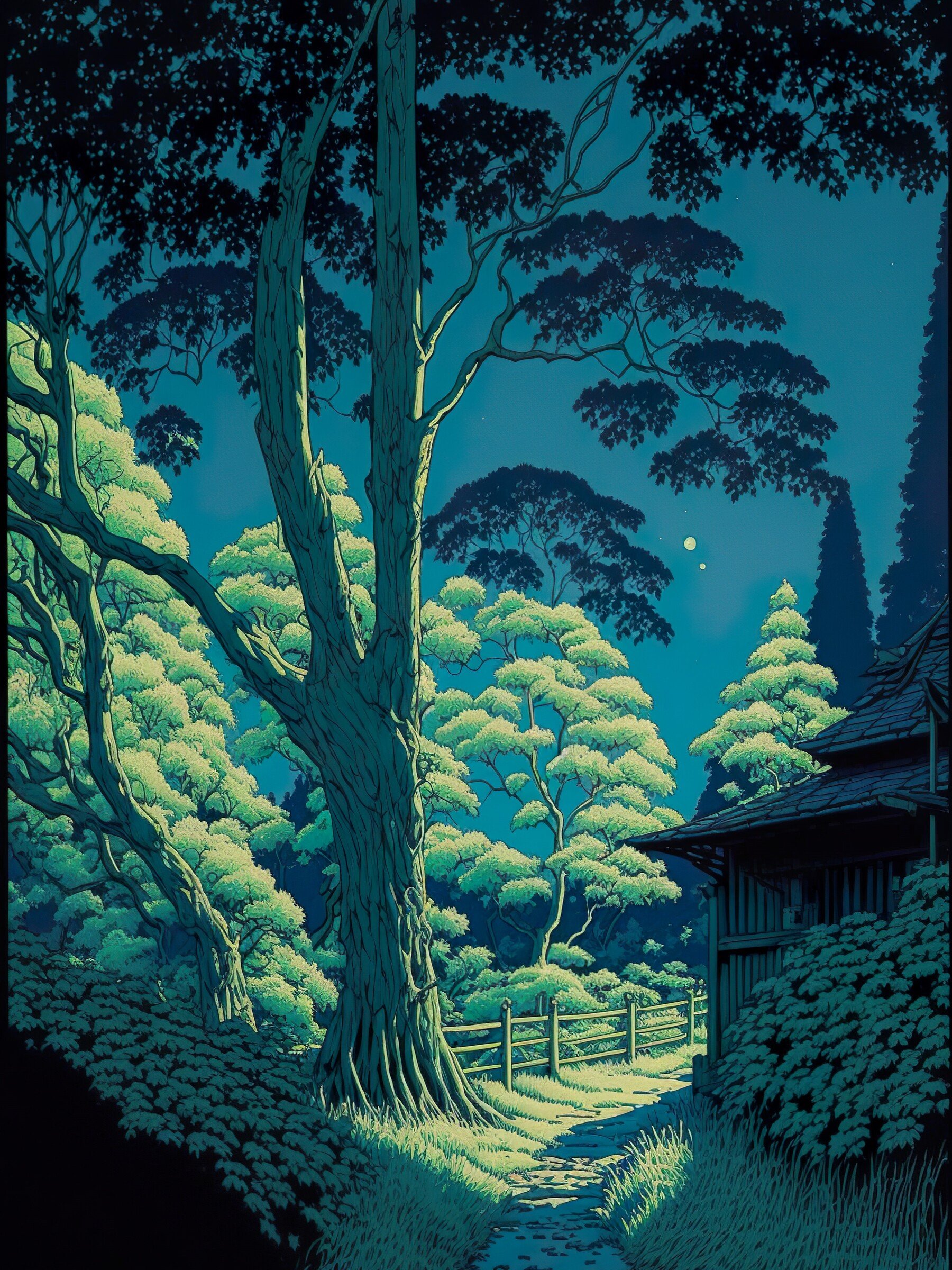 ArtStation - Japanese night forest woodblock print digital art | Artworks