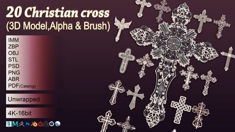20 Christian cross 3D Model,alpha and brush V1