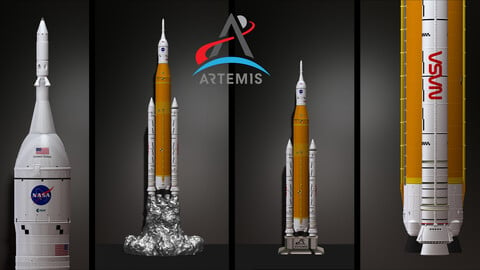 Artemis 1 The Space Launch System (SLS): NASA’s Moon Rocket take off (lamp) and pedestal File STL-OBJ for 3D Printer