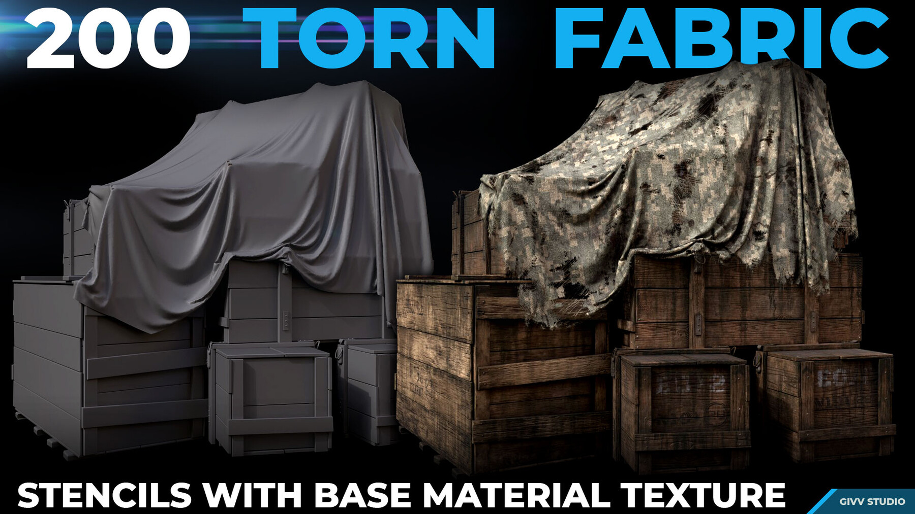 ArtStation 200 Torn Fabric (Stencils with Base Material/Tutorial/4k