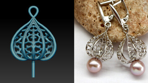 Dangle earrings model with openwork pattern with pearls. Jewelry digital files for printing