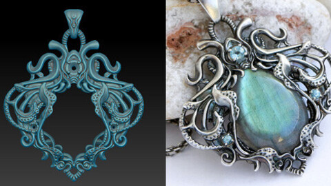 Sculpted pendant for a cabochon. Jewelry 3D model for printing.