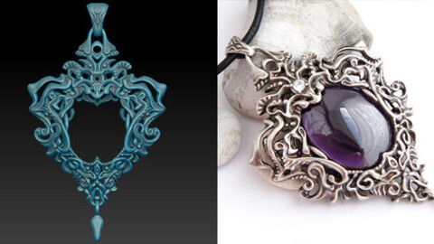 Printable 3D model for jewelry. Fantasy sculpted pendant for a cabochon