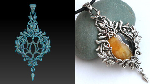 Fantasy pendant 3d model for a cabochon in natural style. Jewelry sculpted model for printing.