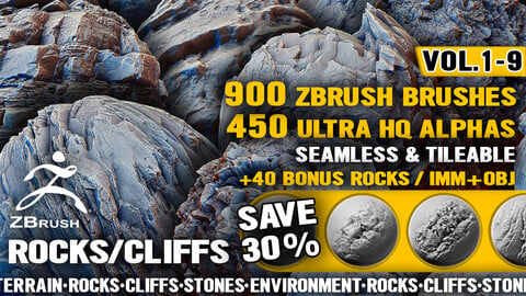 DRF Bundle Vol1 - Ultra HQ Terrain / Rock Seamless Sculpt Zbrush brushes + Alphas (Blender, Substance, etc.) Vol.1-9