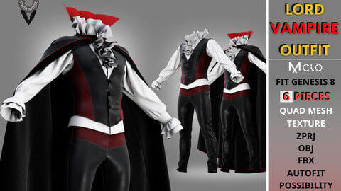 Lord Vampire Outfit - 6 PIECES - Texture - Marvelous Designer / CLO3D PROJECTS+OBJ+FBX