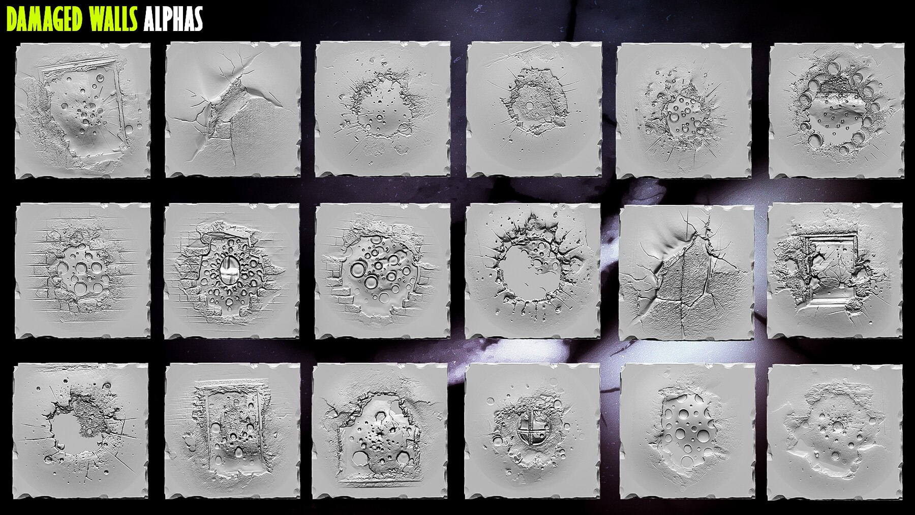 50+ Damaged Walls Alphas for Zbrush, Blender preview 3