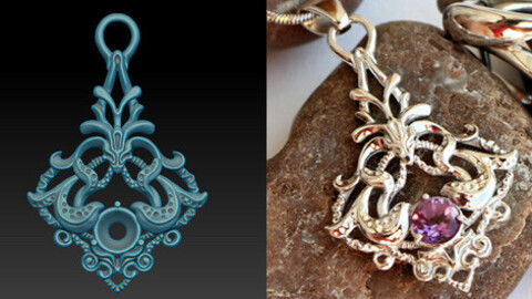 A light openwork pendant with a round stone. Sculpted 3D model for printing. 3D model for download