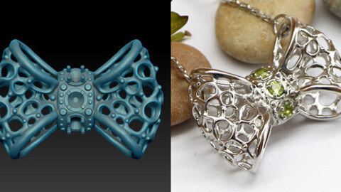 Bow pendant model with openwork pattern and 3 small stones. Download jewelry 3D model for printing