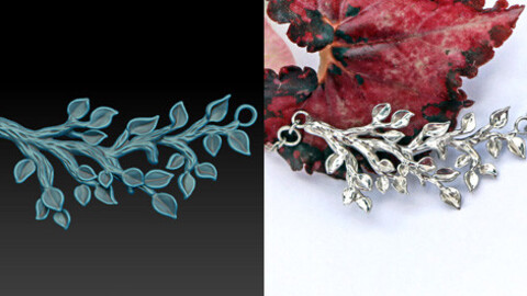 Twig or branch horizontal pendant model without stones. Download jewelry 3D model for printing