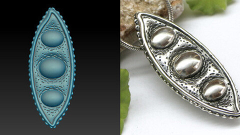 Pendant model in the form of a pod with shiny polished peas. Jewelry 3d model to print