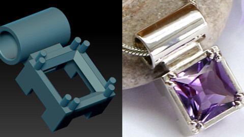 Minimalistic pendant necklace with a square stone. Jewelry 3D model for printing