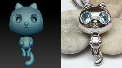 Cat pendant necklace with two stones and a big opening for a thick cord. Printable jewelry 3D model