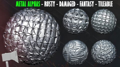 60+ Metal Alphas. Rusty Metal. Damaged Metal. Fantasy Metal. ZBrush. Blender. Tileable alphas.