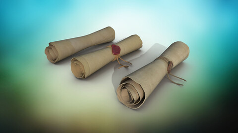 Set of three papyrus scrolls PBR Low-poly 3D model