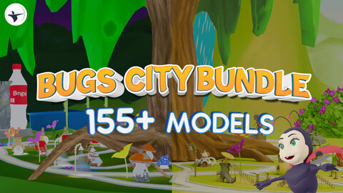 Bugs City Cartoon Town Stylized Environment with 15 Rigged Insect Characters LowPoly Bundle