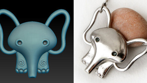 Elefant pendant necklace with small stones in the eyes. Jewelry 3D model for printing.