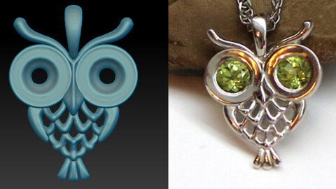 Little owl pendant with two stones in the eyes. Printable jewelry 3D model.