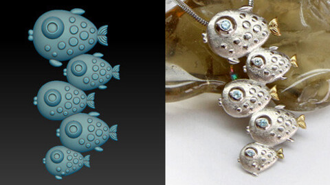 Fish flock pendant with small stones in the eyes. Printable jewelry 3D model.