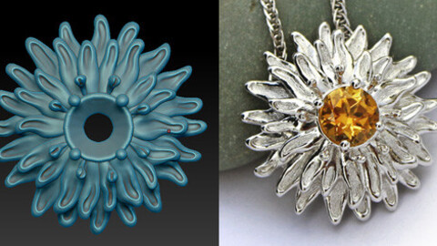 Flower pendant with a stone. Printable jewelry 3D model.