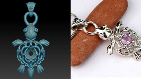 Jewelry 3D model for printing. Small turtle pendant with a stone.