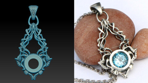 Jewelry 3D model sculpted in zBrush. Pendant with a round stone.