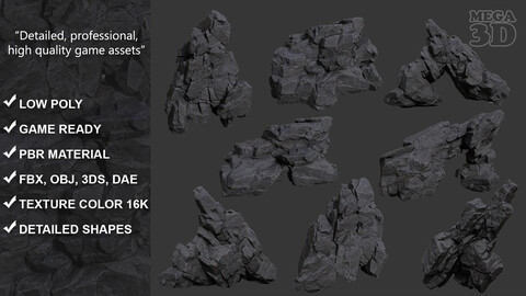 Low Poly Black Rock Formation 221219 - Ultra HD 16K Texture