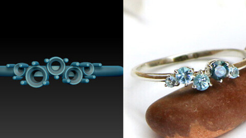 Thin miniature ring with 5 stones different in size. Jewelry 3d model to print.