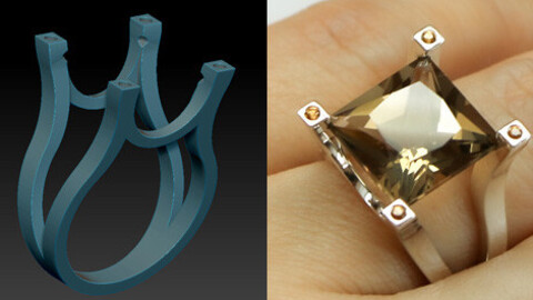 Download jewelry 3D model for printing. Cocktail ring with a big square stone, suitable for a special occasion.