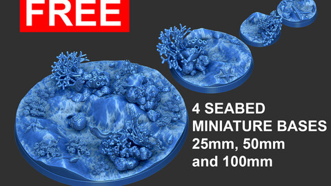 FREE PACK - 4 SEABED MINIATURE BASES 25, 50, 100 mm 3D Print Ready - .OBJ, .STL files