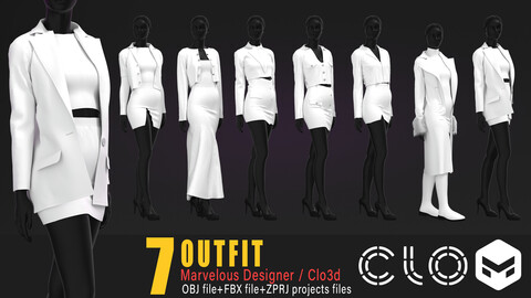 7 models of women's outfit / marvelous & clo3d / OBJ / FBX