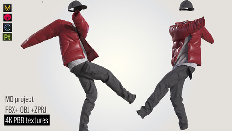 3d man outfit streetstyle puffer pants hat cap OBJ + ZPRJ + FBX