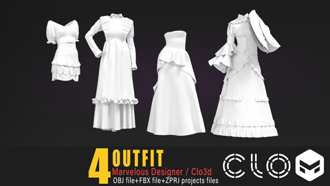 4 models of women's outfit / marvelous & clo3d / OBJ / FBX