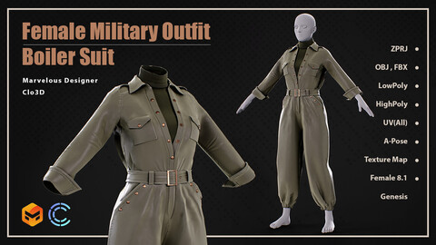 Women's Military Outfit-Boiler Suit / Marvelous Designer Clo3d Project + OBJ , FBX (Game Ready)