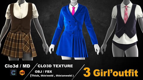3 Girl's outfit pack / marvelous designer / clo3d / OBJ / FBX