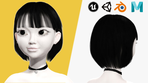 China Haircut Female Woman Girl Realistic cartoon hair Low-poly 3D model