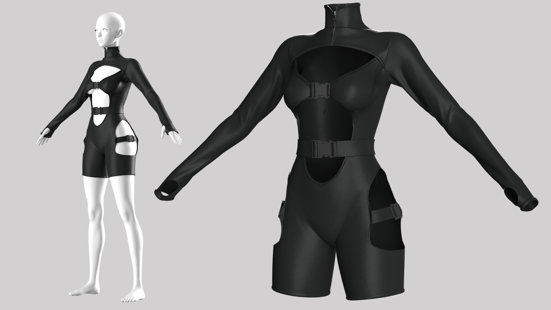 ArtStation - Black Long Sleeve Cutout Turtleneck Buckle Jumpsuit ...