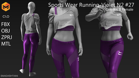 Sports Wear - Violet Running N2 #27 _ MarvelousDesigner/CLO Project Files+fbx+obj+mtl _ Genesis8Female