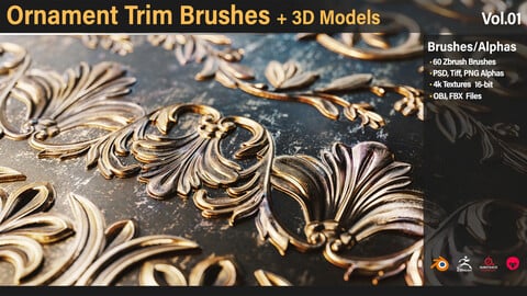 60 Ornament Trim Brushes + Alphas + 3D Models  Vol.1