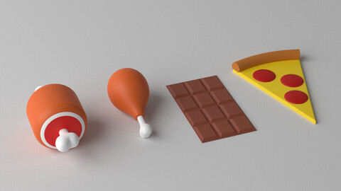 Cartoon Food Ham Chicken Leg Pizza Chocolate 3D model
