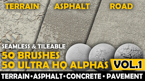 Ultra HQ Terrain / Asphalt Seamless Sculpt Zbrush brushes + Alphas (Blender, Substance, etc.) Vol.1