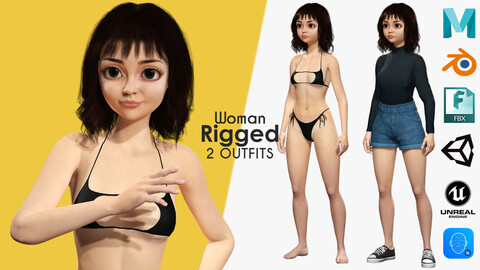Realistic stylized cartoon Female 3D Model Naked Woman Rigged